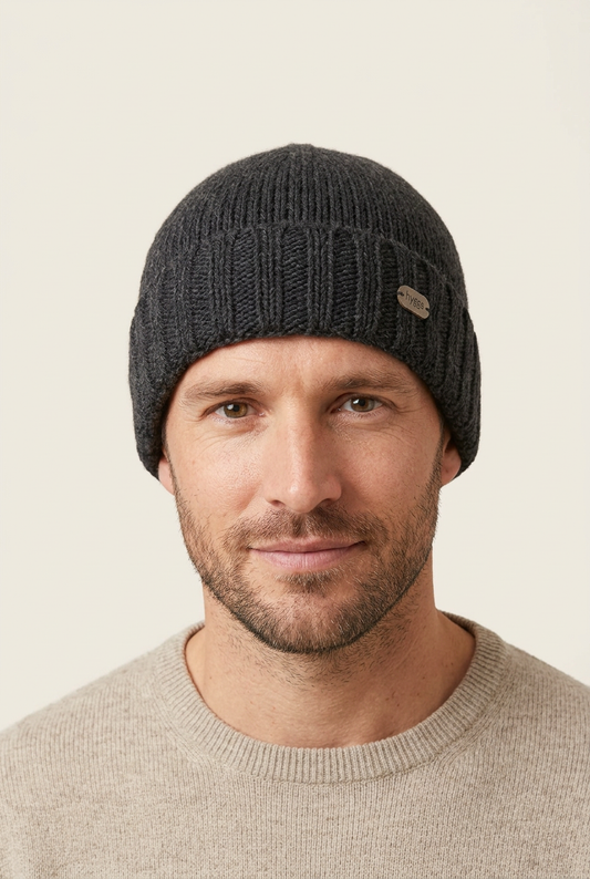 Charcoal beanie on male model