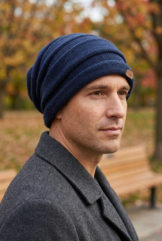 Male model wearing navy Parkdale beanie