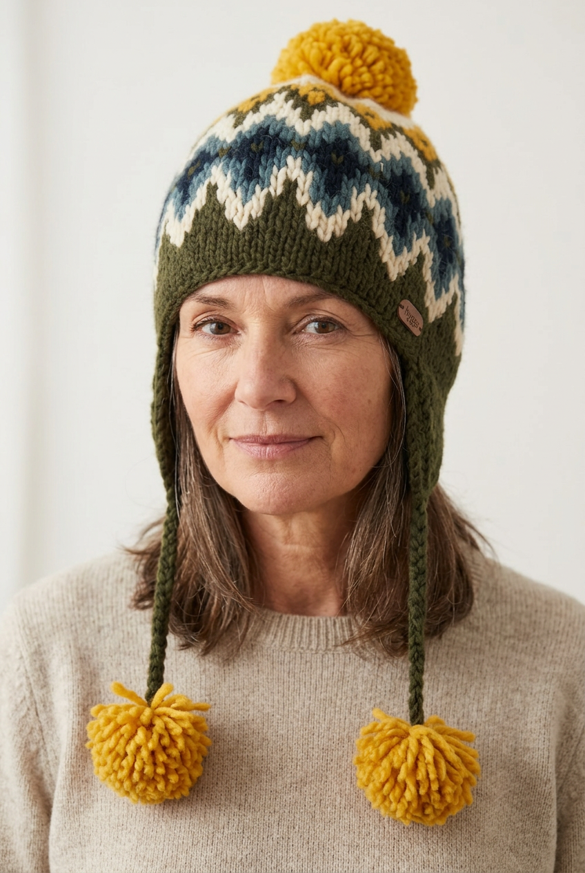 Female model aged 55–60 wearing the pilot hat
