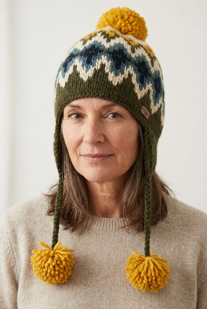 Female model aged 55–60 wearing the pilot hat