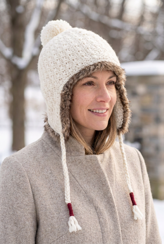 Hat on model with narrow fur edging