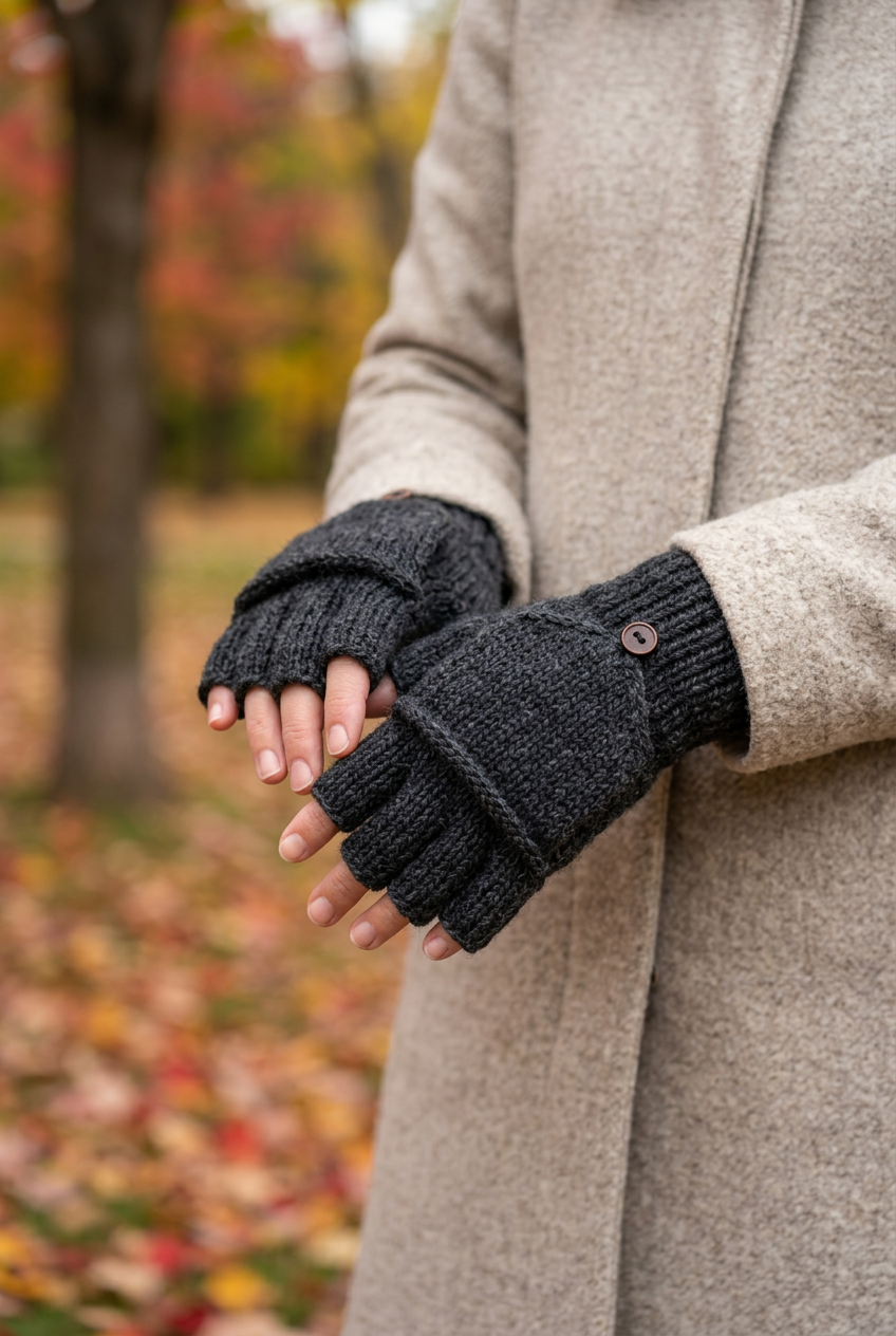AI-generated female model wearing charcoal Knowlton convertible flip fingerless gloves