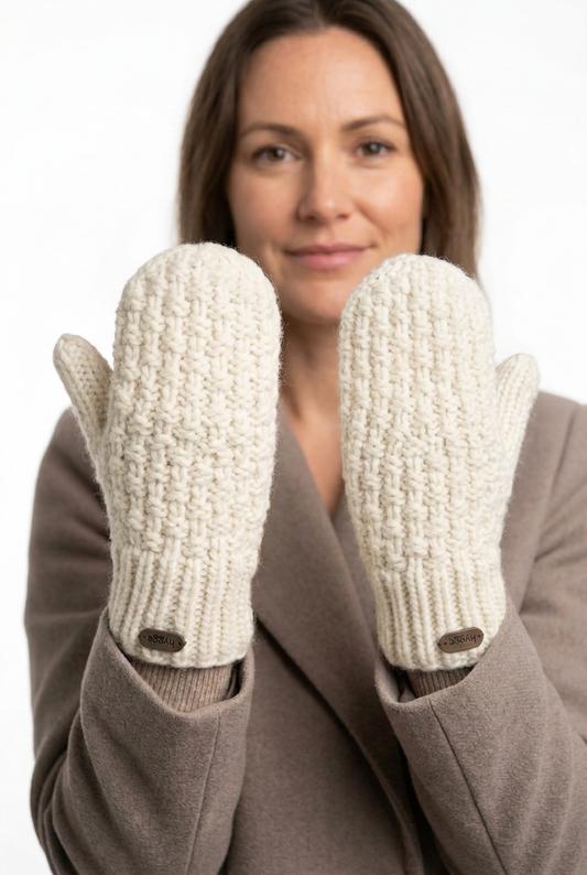 Ivory mittens female model with shorter hands