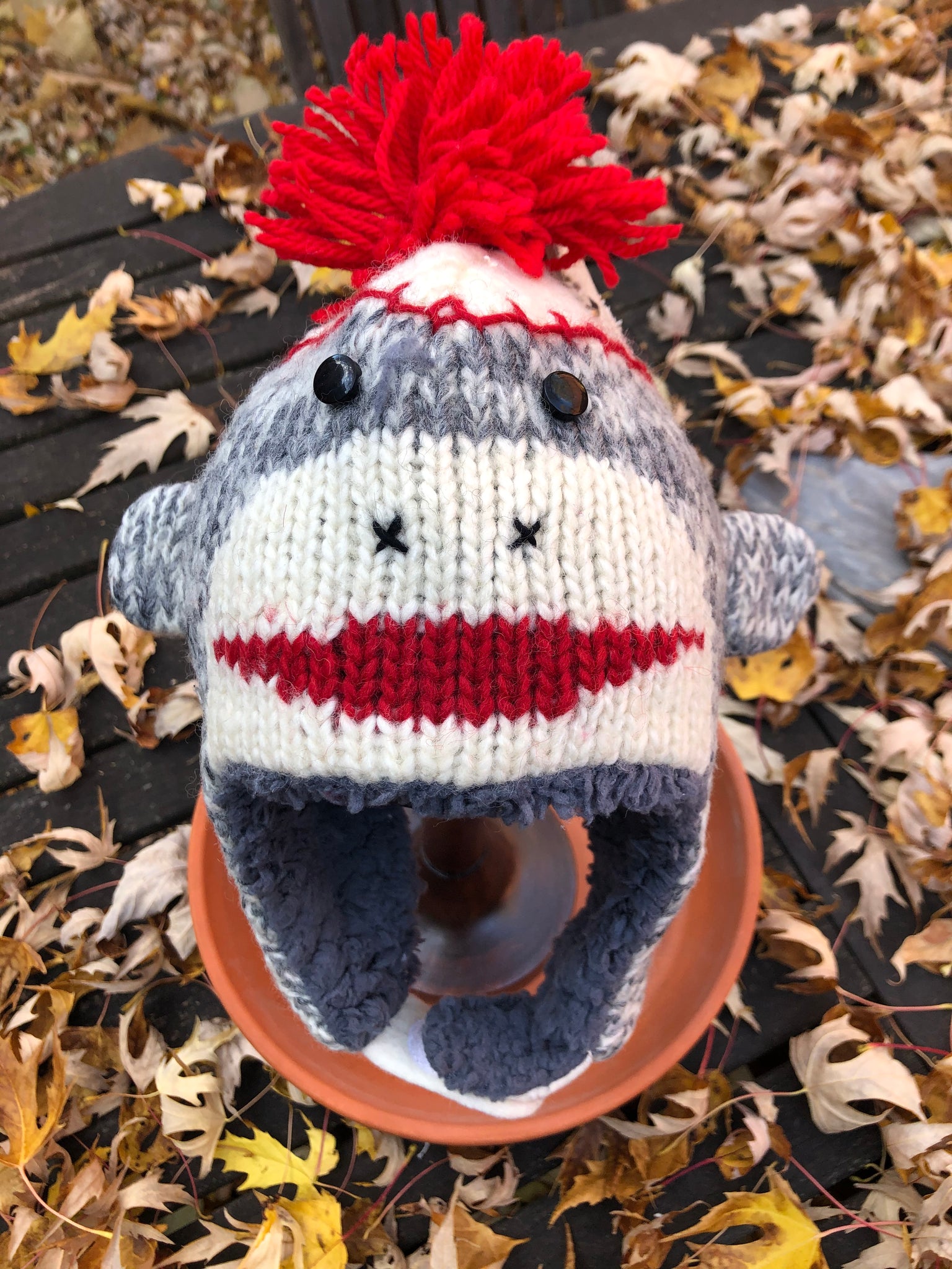 Sock Monkey Aviator Hat For Women – Knit Polyester Blend With Tassels – Brown/Red/Gray